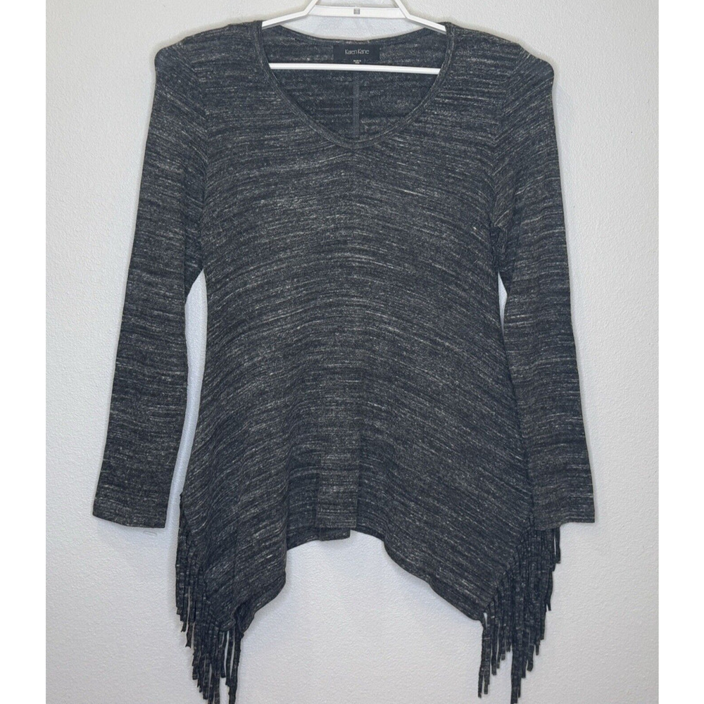 Karen Kane Womens Top Sz XL Gray VNeck Asymmetrical Fringe Slit Hem USA Made‎